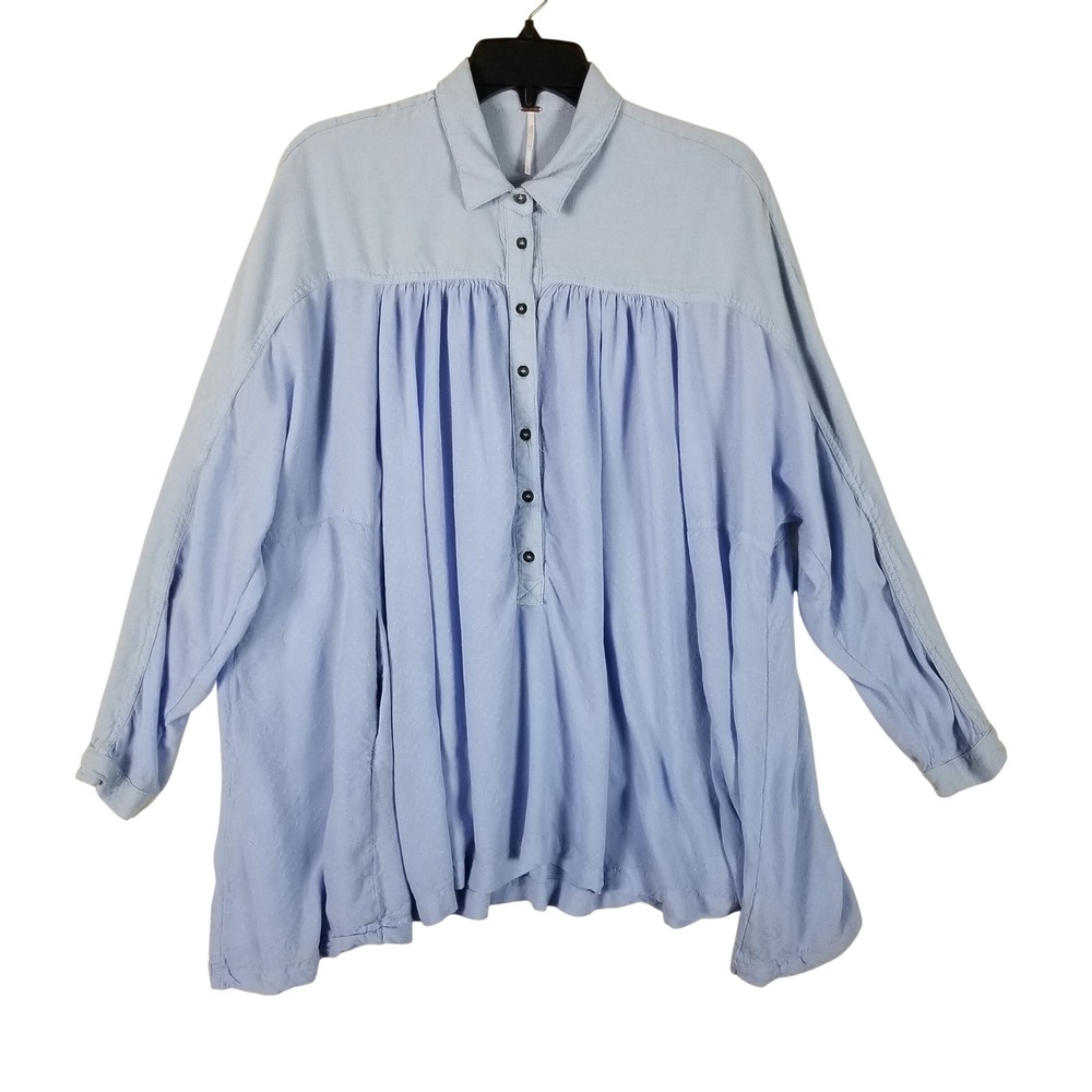Free People Tunic Women Large Blue Jacquard Pleated Oversized Henley Shirt